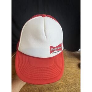 Vintage‎ Budweiser Hat Bud Beer Biere Snapback Trucker Mesh Cap Red White -